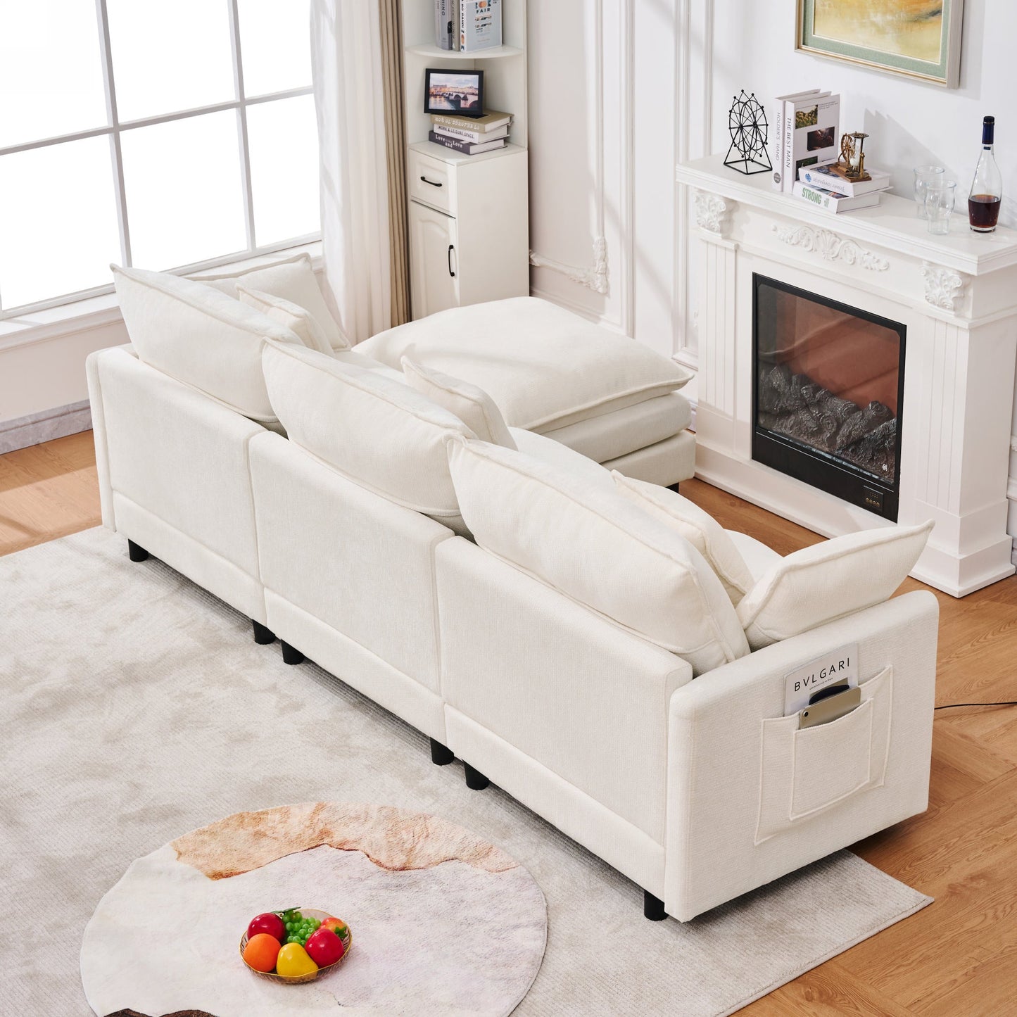 Chenille Modular Three-Seater Sofa with Movable Footstool