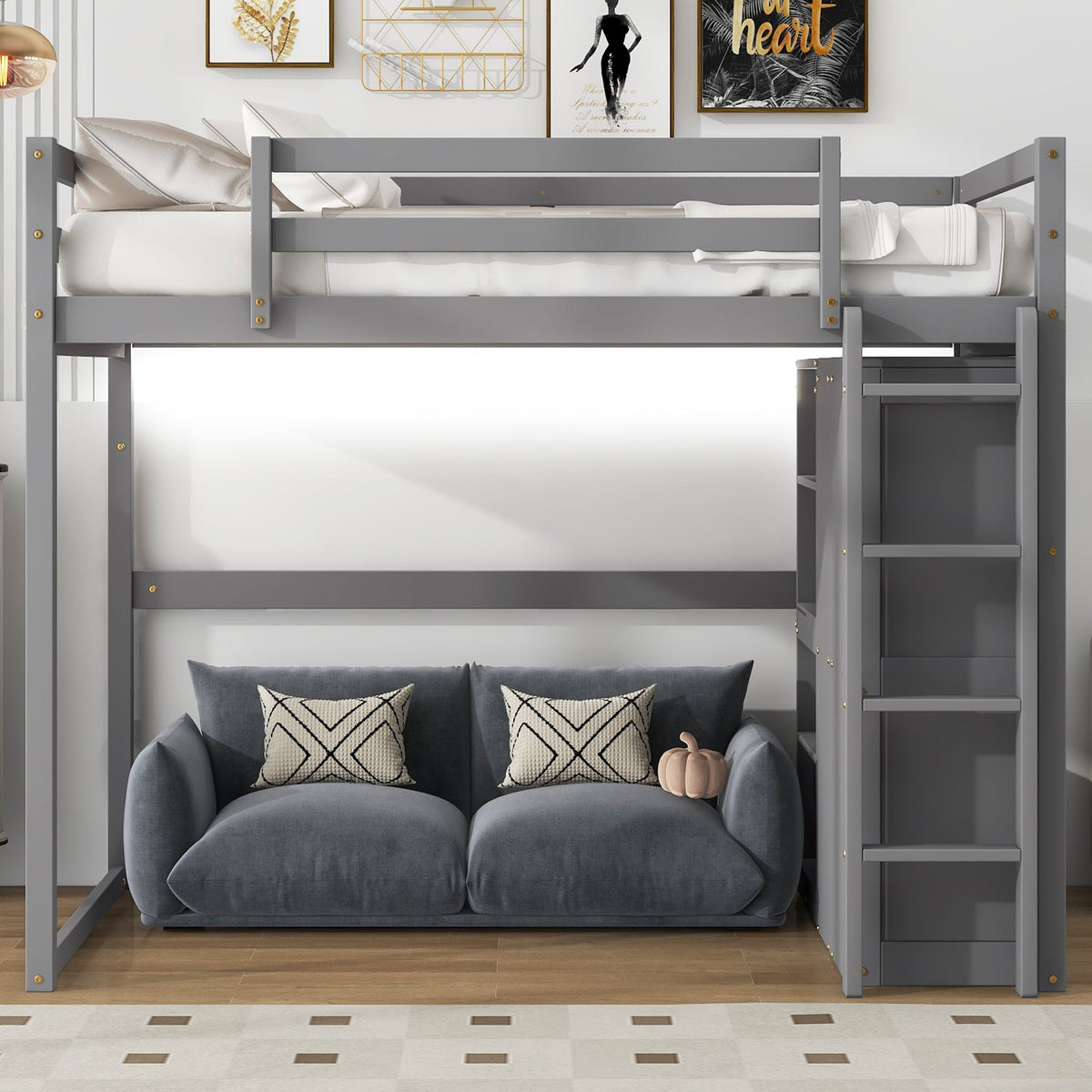 Wood Full Size Loft Bed With Built-in Wardrobe and Storage Shelves