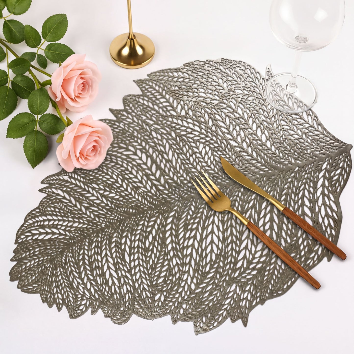 Vinyl Placemats Set - Leaf Cut Out Gold Table Mats, Heat Resistant & Non Slip