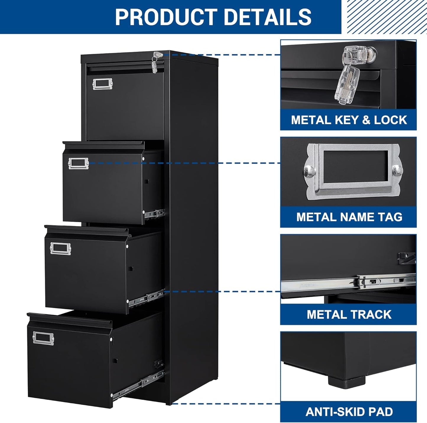 Lockable 4 Drawer Vertical File Cabinet Black Metal For Home Office