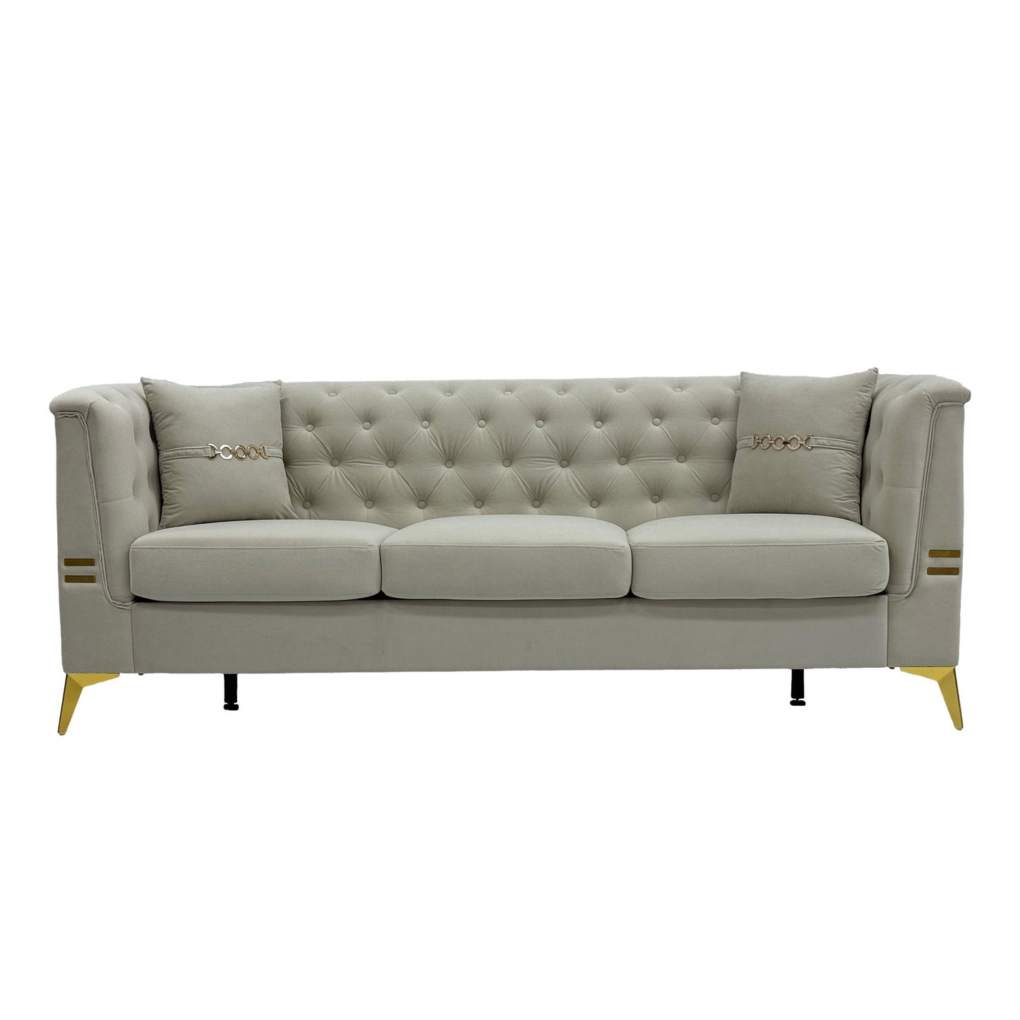 FX-P83-2PC SOFA -CW4  Modern Velvet Upholstered Sofa Set of 2, Cream White 3-Seater Sofas with Gold Metal Legs Contemporary Living Room Furniture for Family Homes, Apartments, and Lounge Spaces