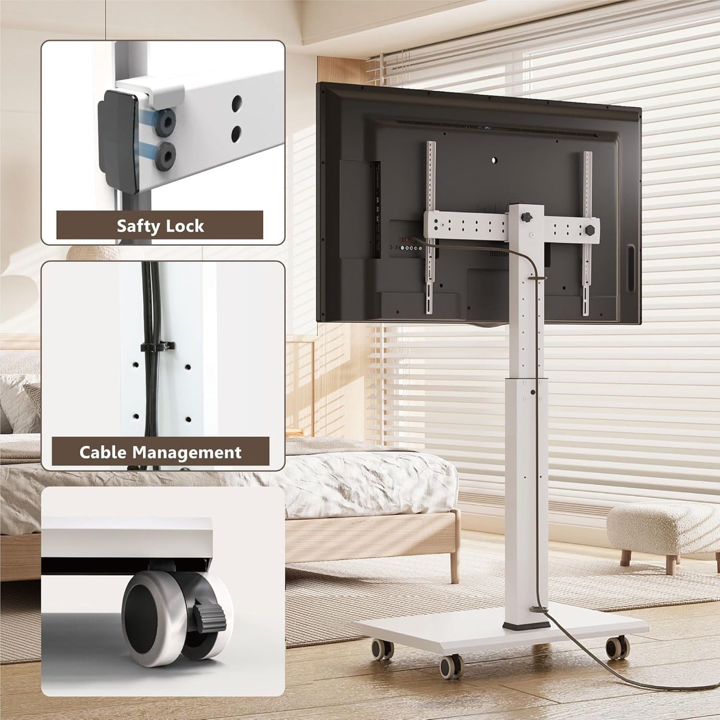 Rolling TV Stand On Wheels For 32 To 75 Inch TVs With 40 Degree Swivel