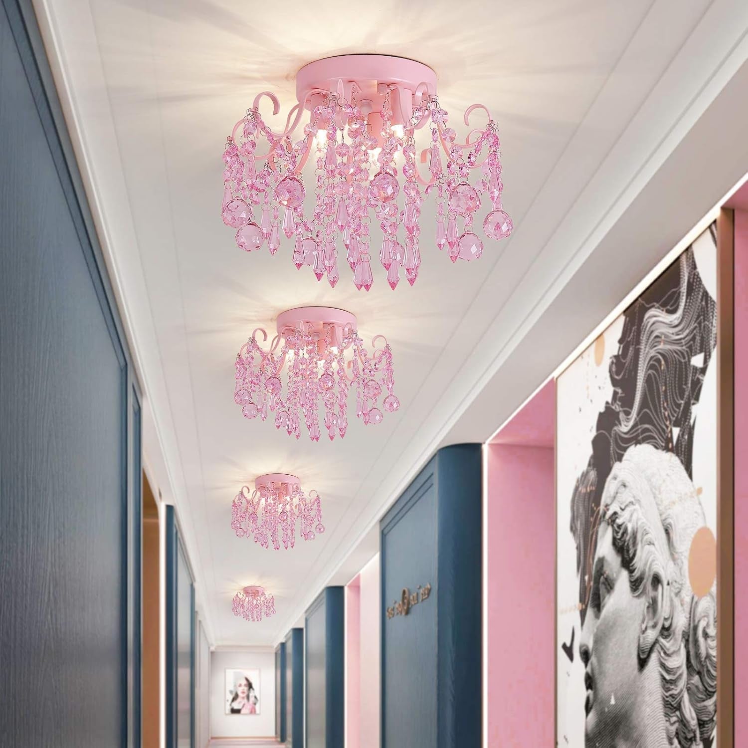 Pink Crystal Mini Chandelier 3 Light Semi Flush Mount illuminating a modern hallway with soft pink glow.