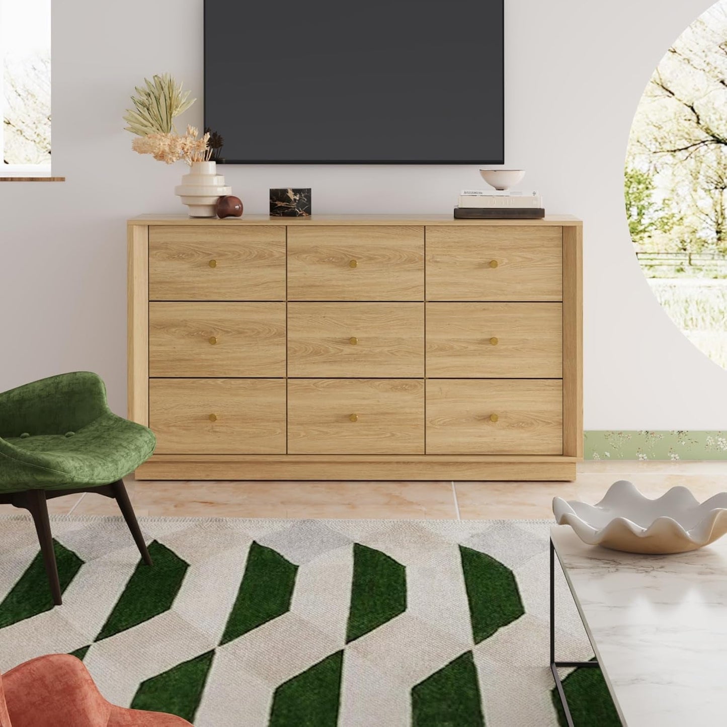 Nine Drawer Dresser 55 Inch Golden Oak UltraWoodgrain