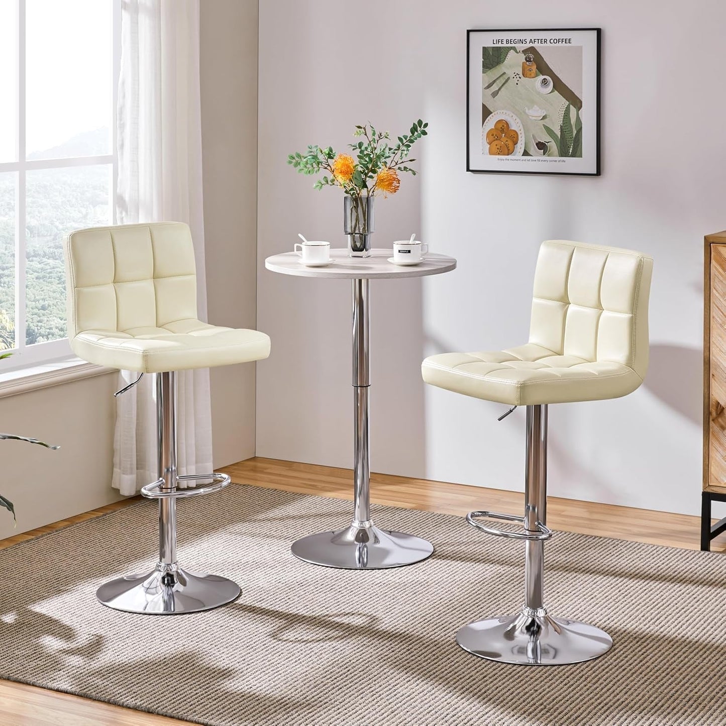 Beige Adjustable PU Leather Swivel Bar Stools Set Of 2