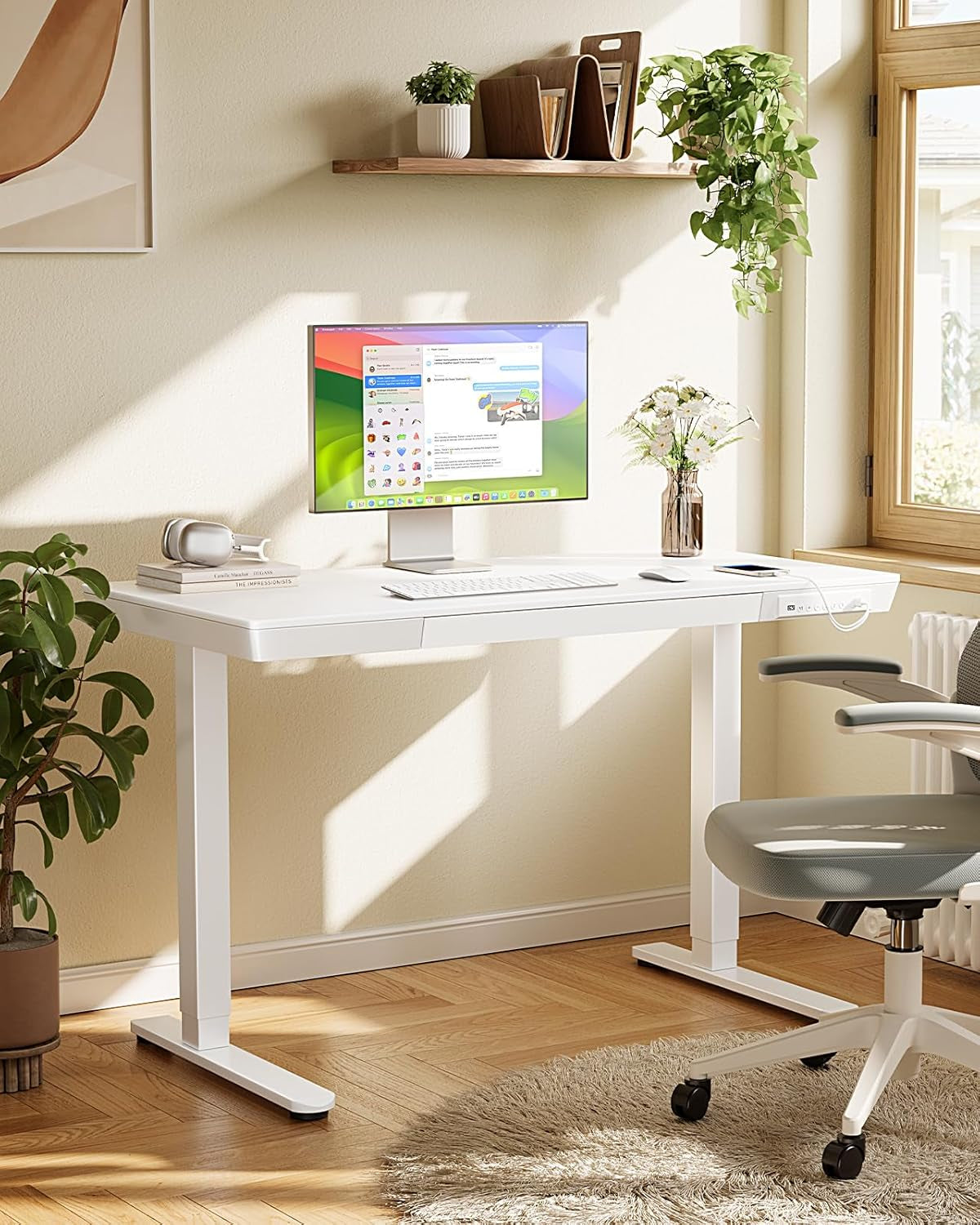 Height Adjustable Standing Desk 48x24 Inch With USB Ports And Drawer White