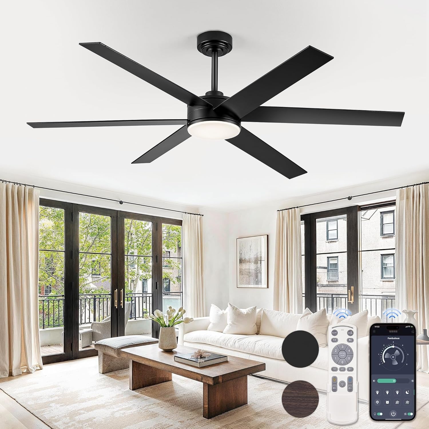 60 Inch Black Ceiling Fan With Lights Remote DC Motor in stylish living room with remote control and light.