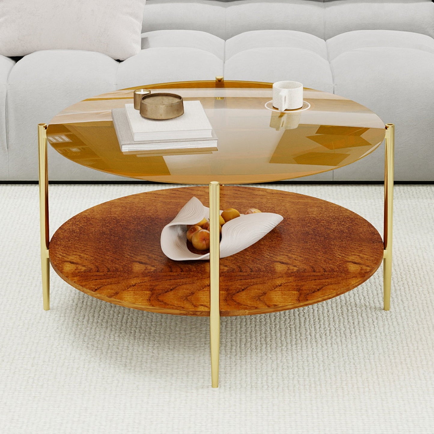 Luxurious Round Coffee Table with Gold-Tinted Tempered Glass Top