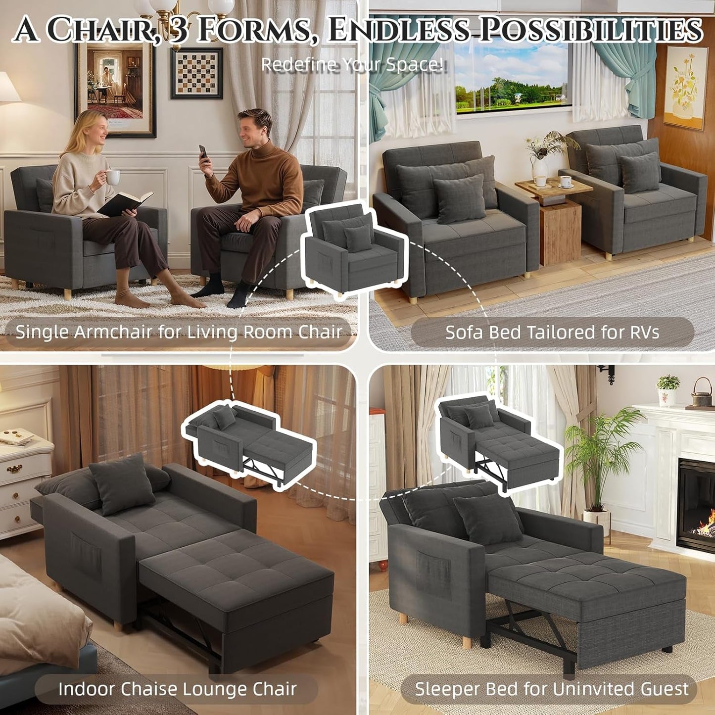 36 Inch Convertible Sleeper Chair GreyTexturedFabric