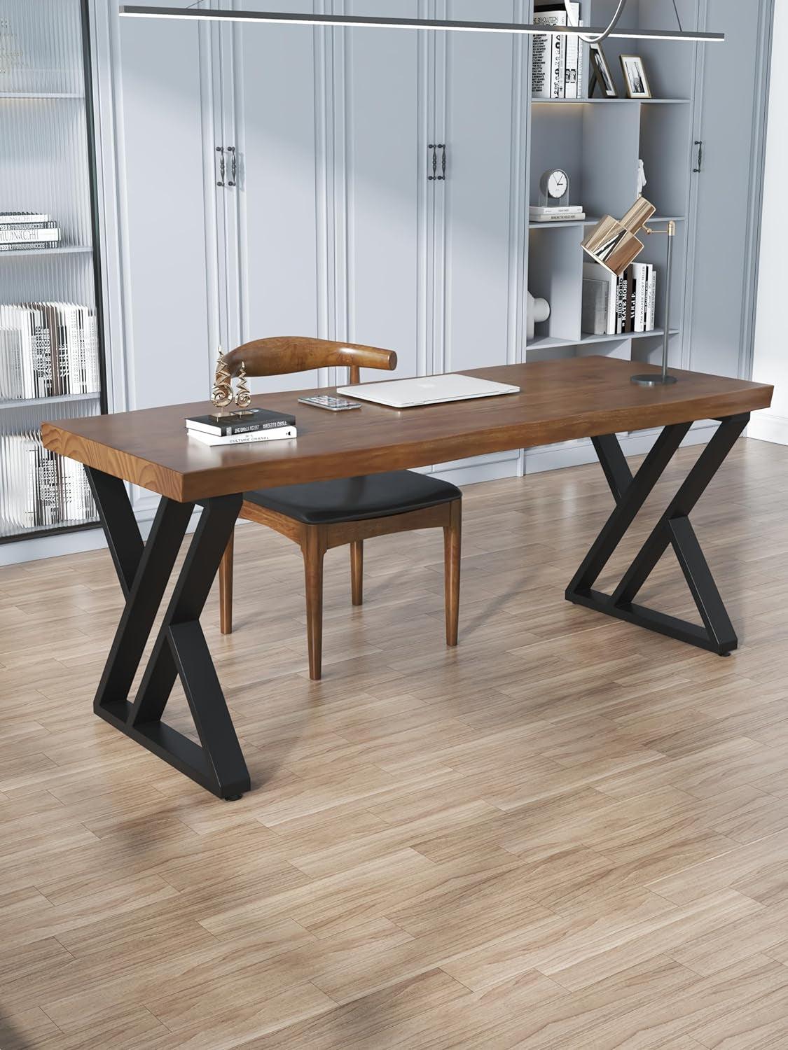 Solid Wood Desk Fifty Five Inch Wide Matte Brown Rustic Aged Oak