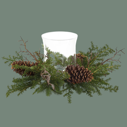 Pine Cone & Pine Centerpiece With Glass Candleholder