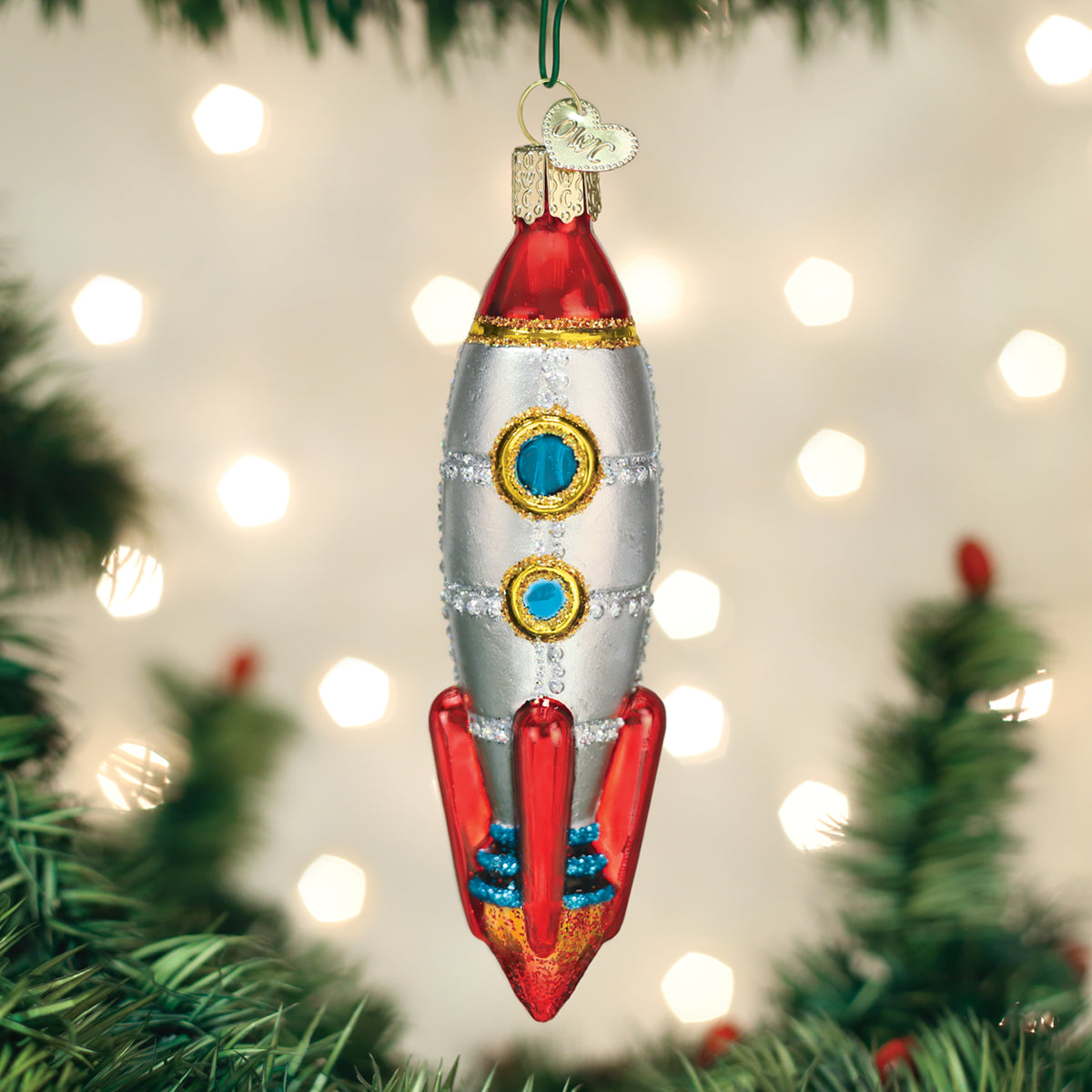 Toy Rocket Ship Glass Ornament