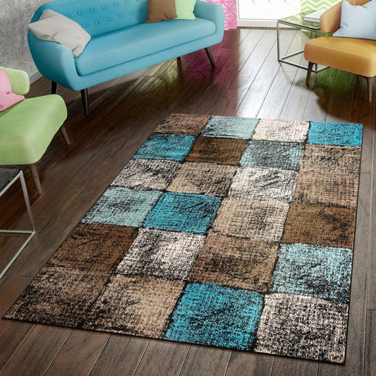 Checkered Area Rug Metro - Brown Blue Pastel