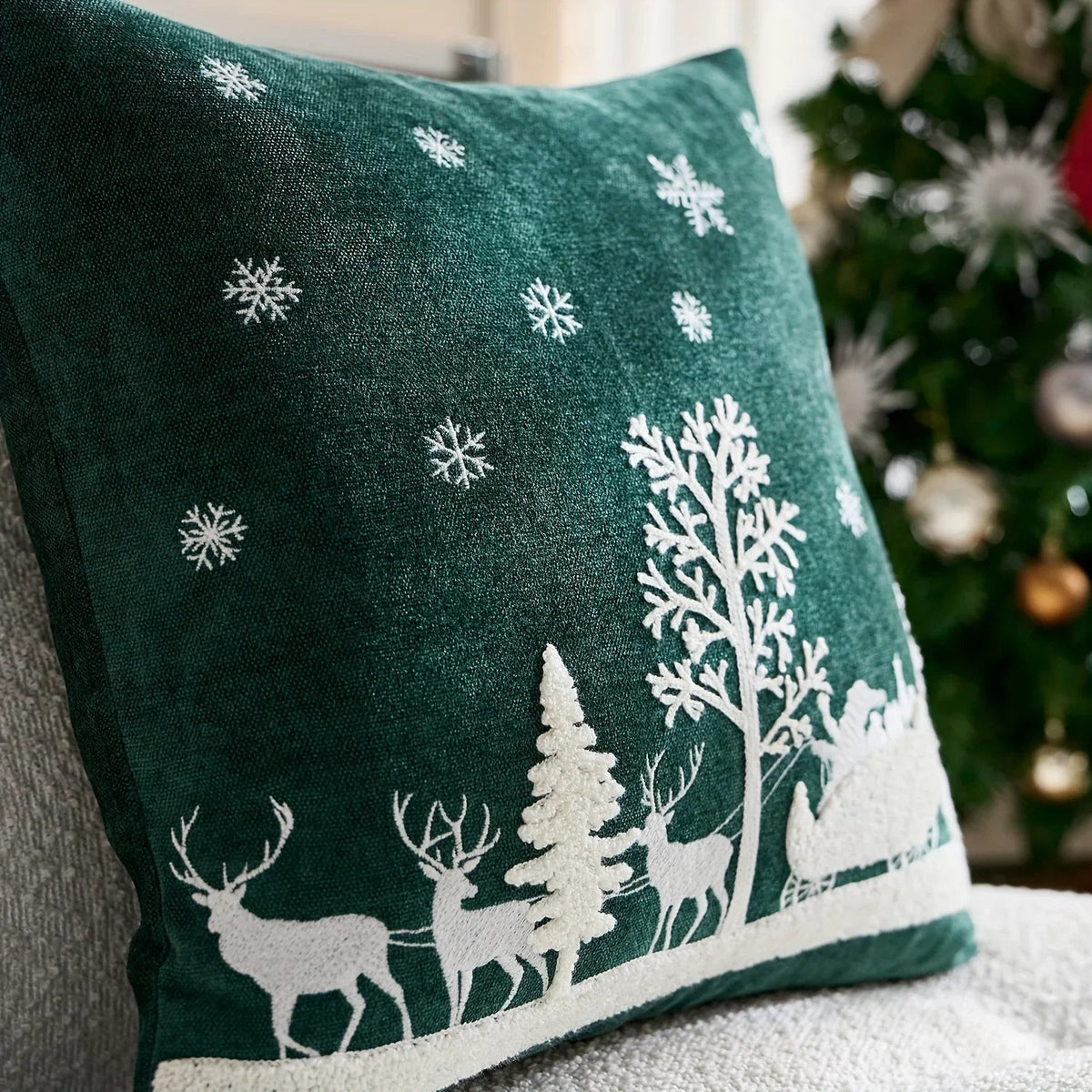 Chenille Christmas Pillowcase with Embroidered Santa Sled Design