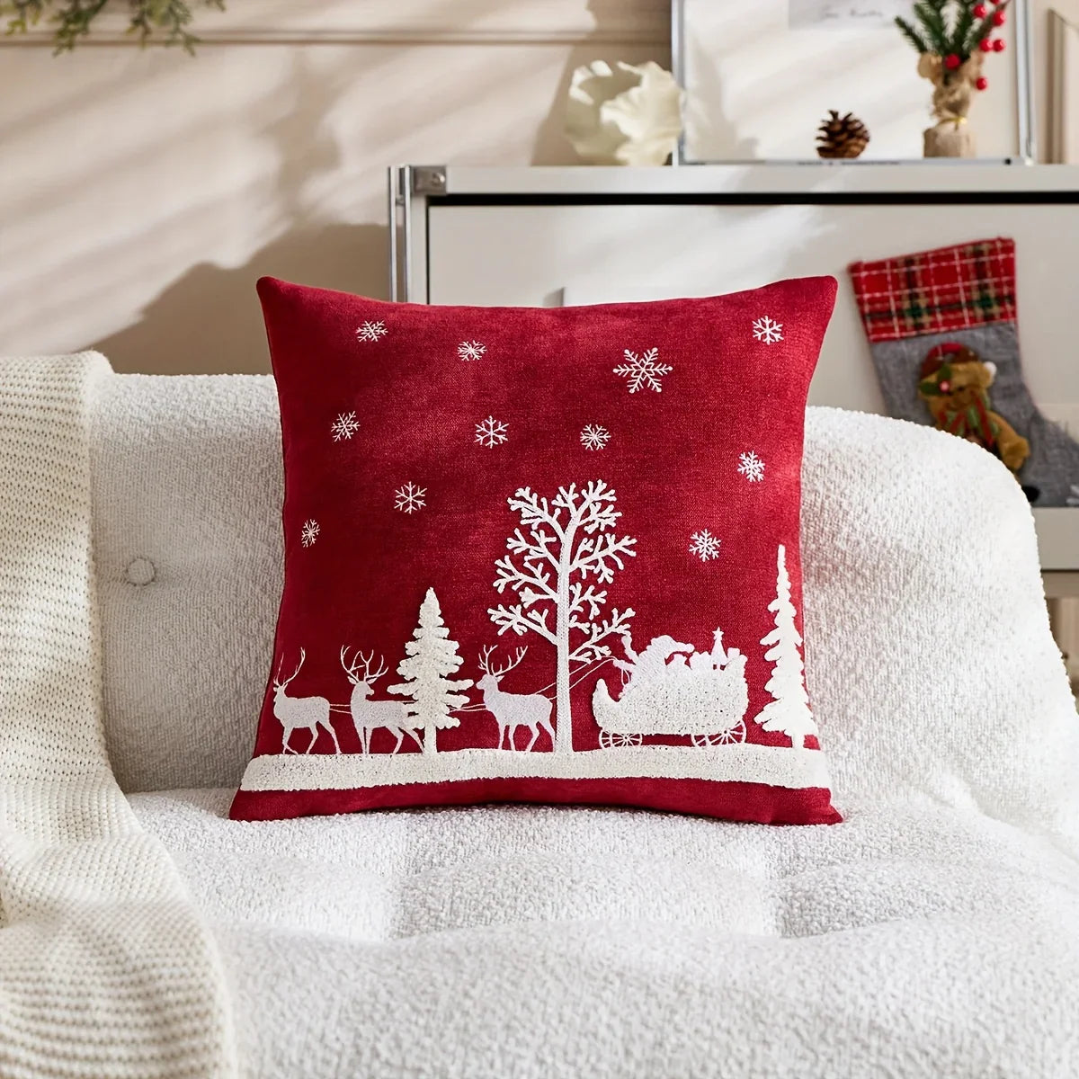 Chenille Christmas Pillowcase with Embroidered Santa Sled Design