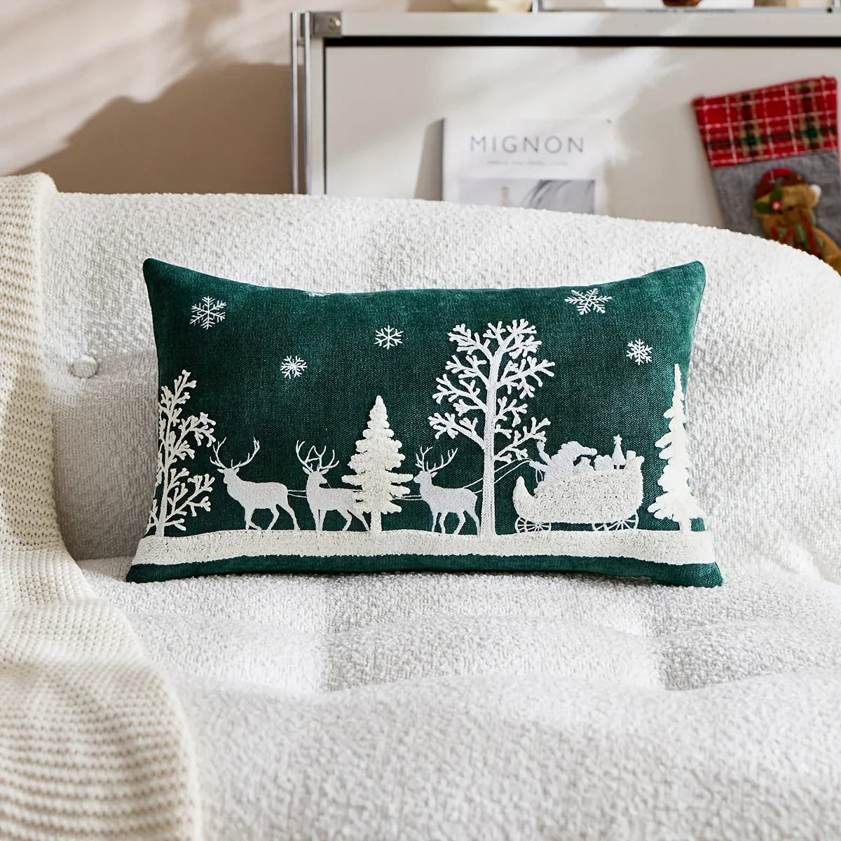 Chenille Christmas Pillowcase with Embroidered Santa Sled Design