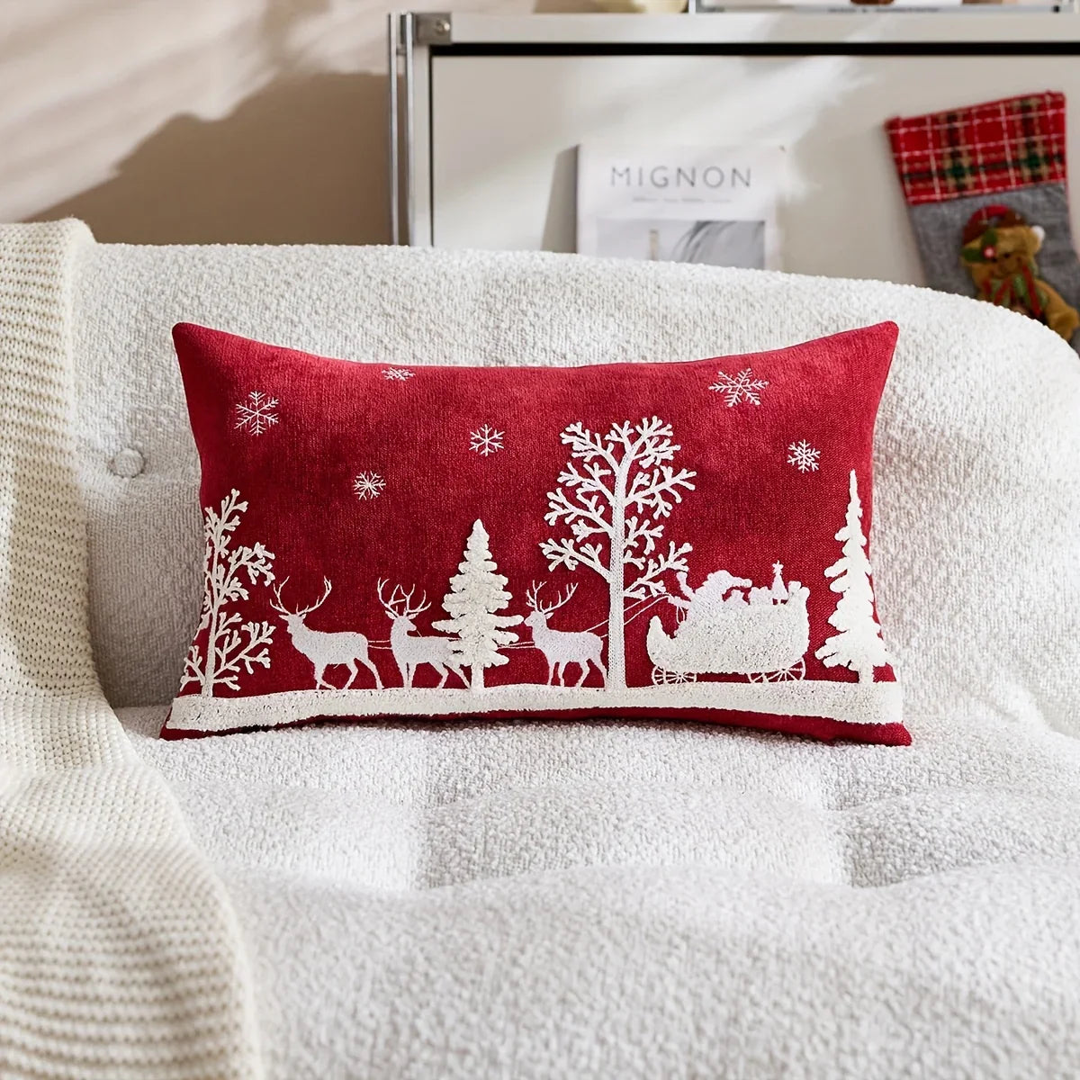 Chenille Christmas Pillowcase with Embroidered Santa Sled Design