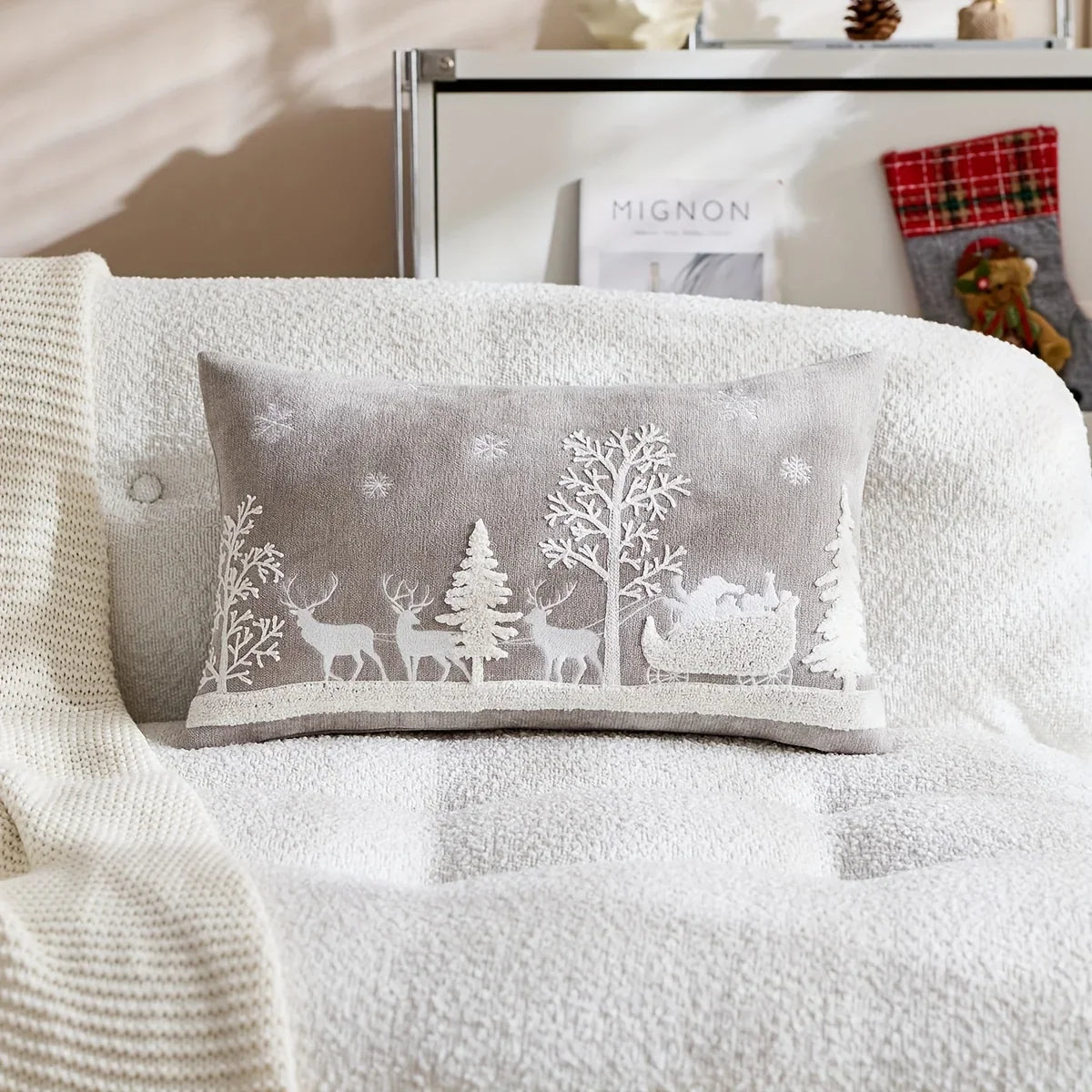 Chenille Christmas Pillowcase with Embroidered Santa Sled Design