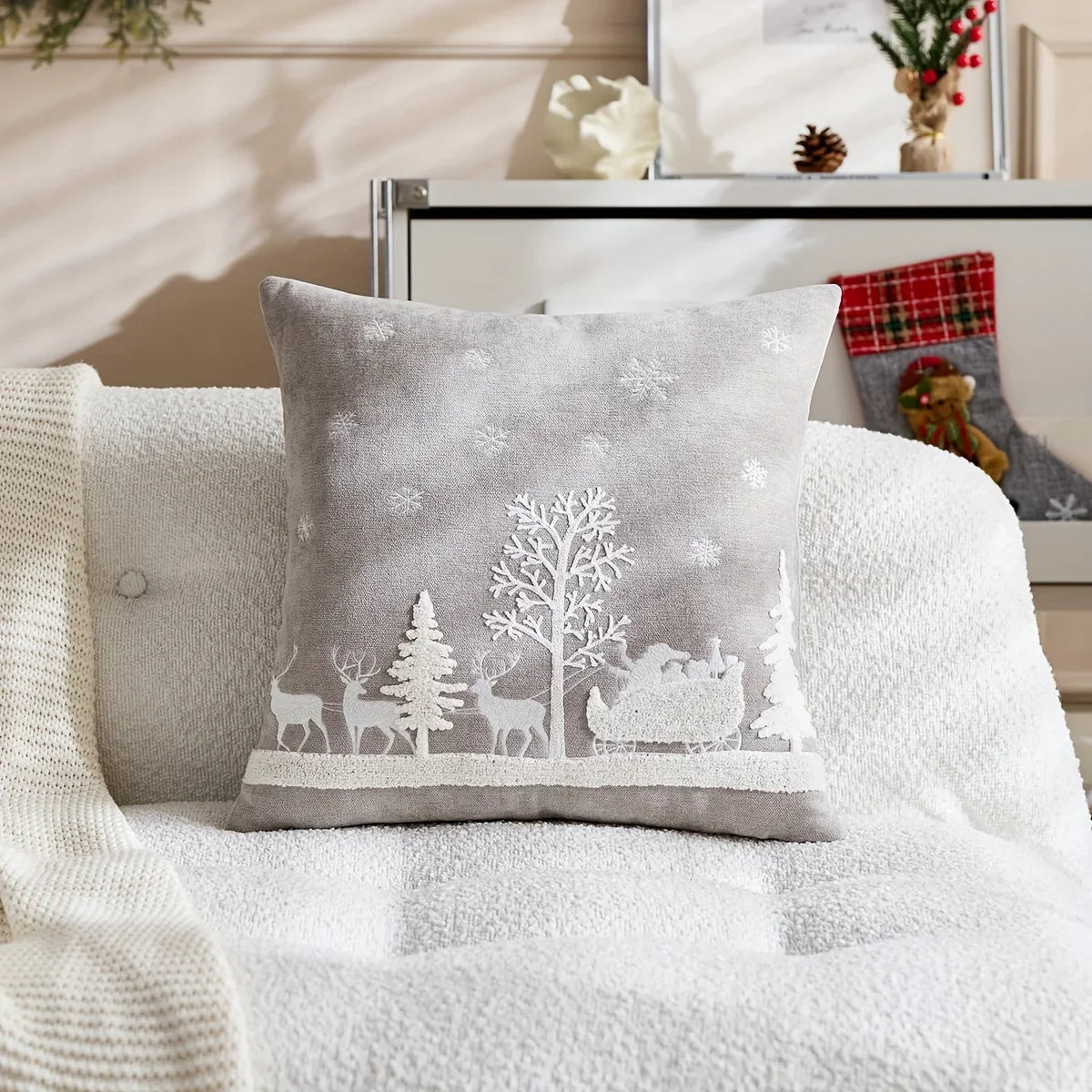 Chenille Christmas Pillowcase with Embroidered Santa Sled Design