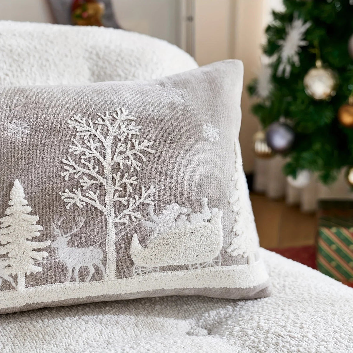 Chenille Christmas Pillowcase with Embroidered Santa Sled Design