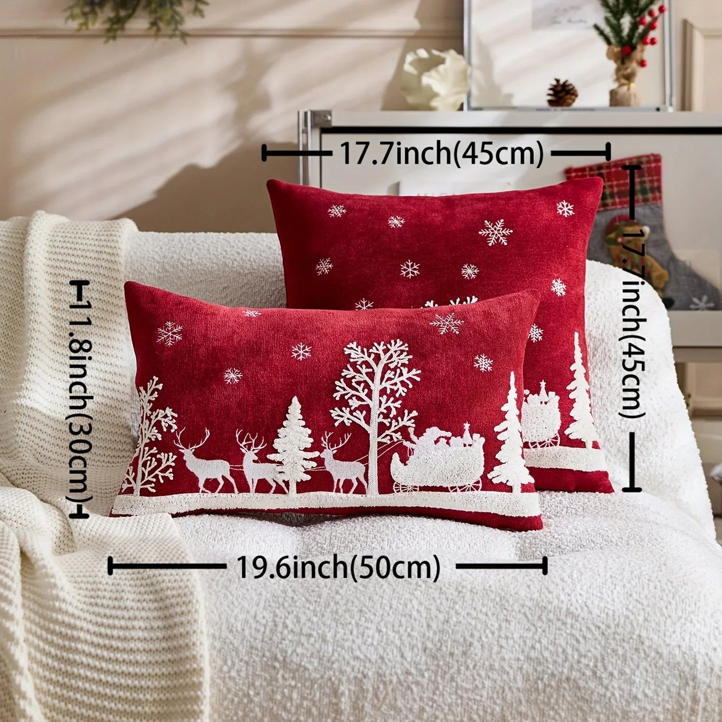 Chenille Christmas Pillowcase with Embroidered Santa Sled Design