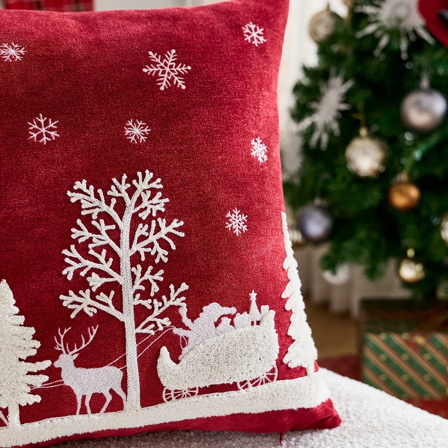 Chenille Christmas Pillowcase with Embroidered Santa Sled Design