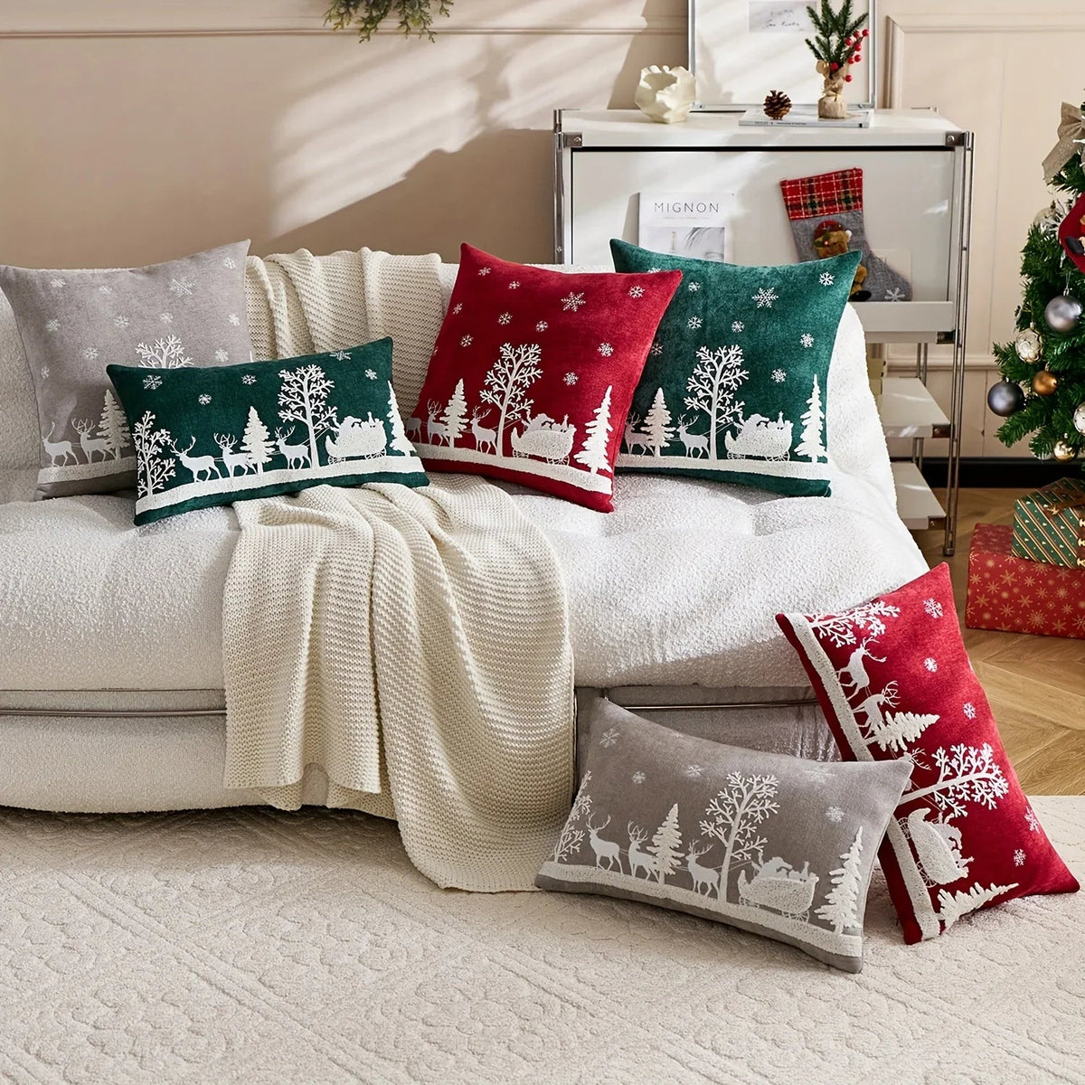 Chenille Christmas Pillowcase with Embroidered Santa Sled Design
