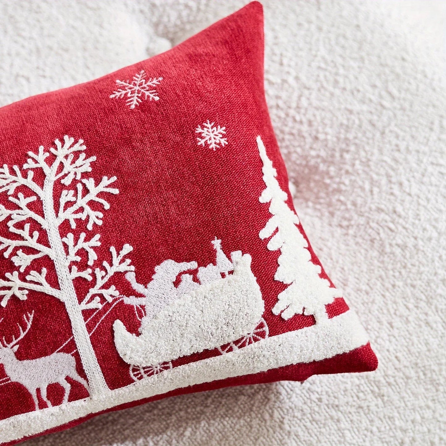 Chenille Christmas Pillowcase with Embroidered Santa Sled Design