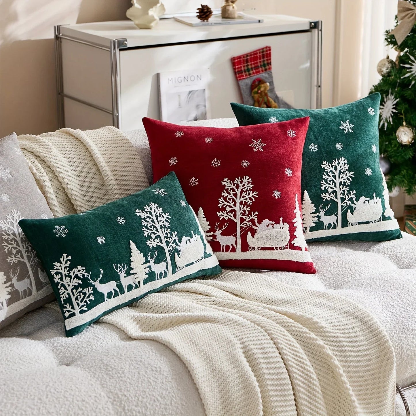 Chenille Christmas Pillowcase with Embroidered Santa Sled Design