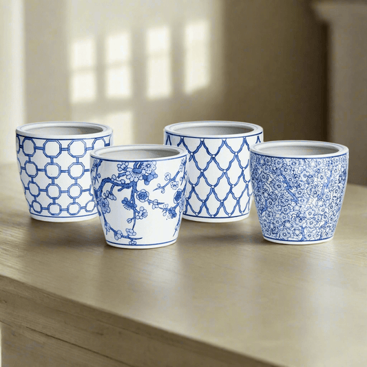 Chinoiserie Blue and White Pots with Floral and Geometric Patterns (Set of 4)