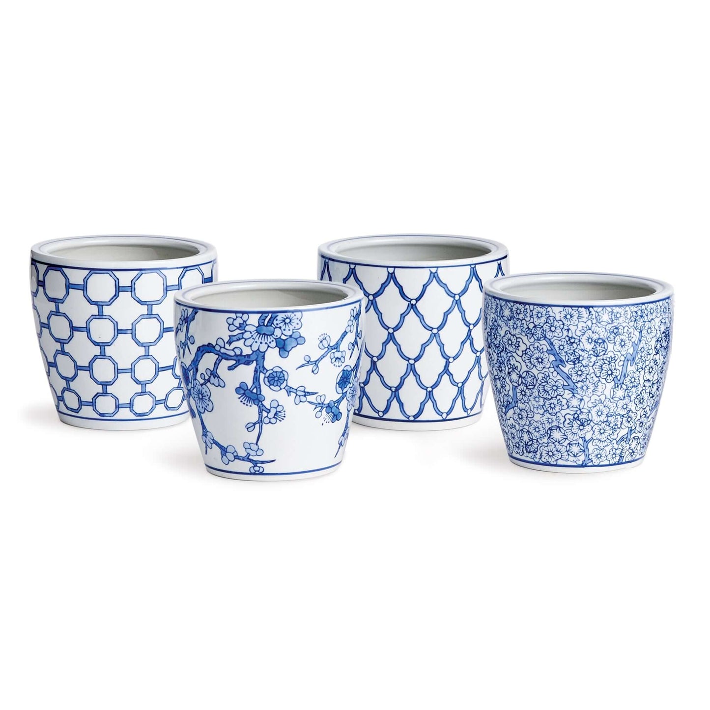 Chinoiserie Blue and White Pots with Floral and Geometric Patterns (Set of 4)