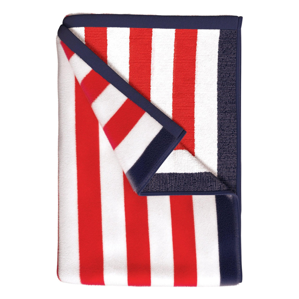 Folded towel with red, white, and blue stripes on a white background