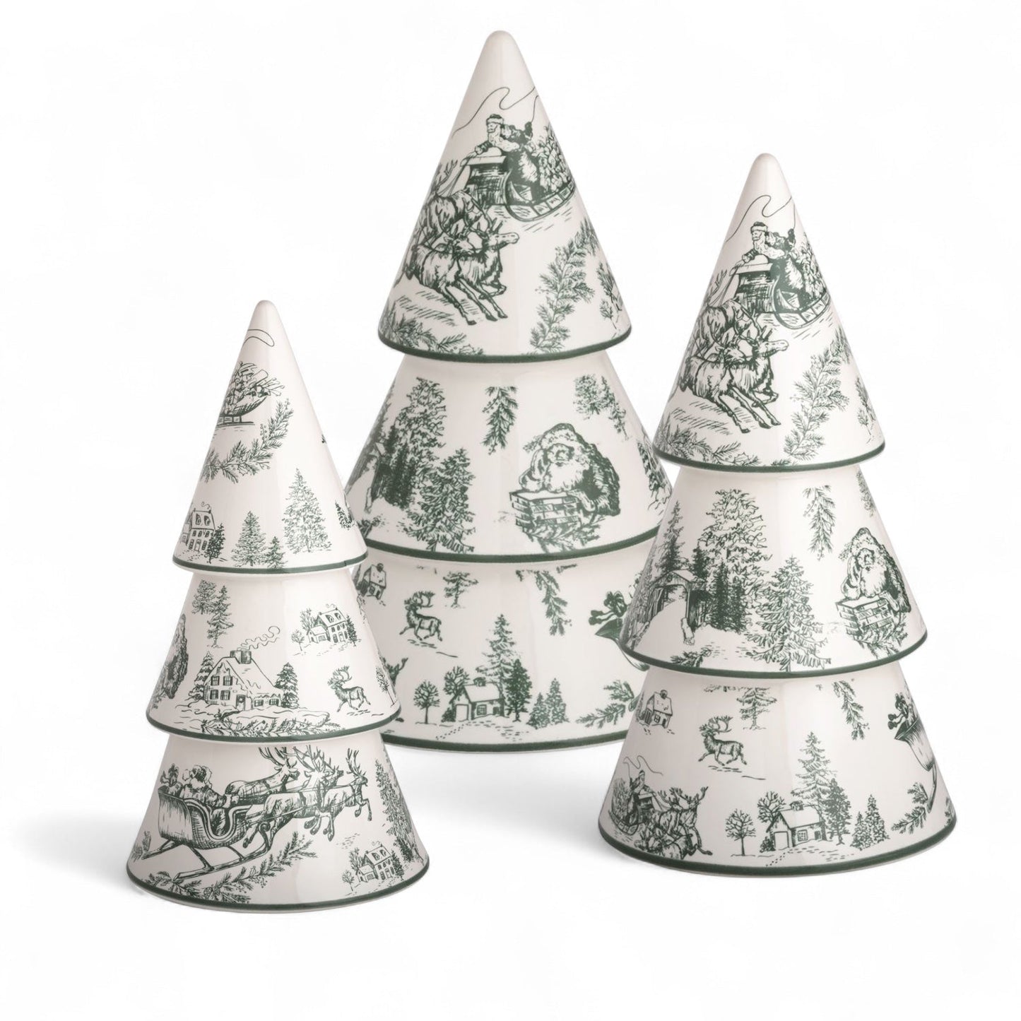 Hand-Painted Green Toile Ceramic Christmas Tree Sitters