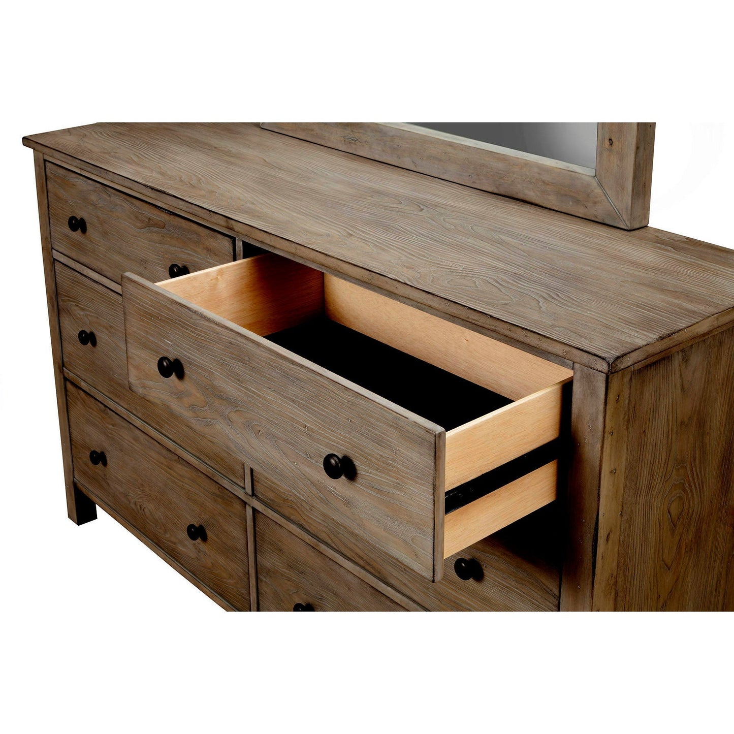 Classic Dresser with an open drawer showcasing ample storage and a natural gray finish.