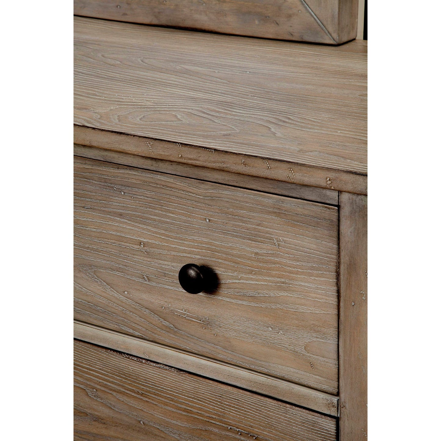 Classic Dresser close-up showing natural gray finish and black knobs of the top drawer.
