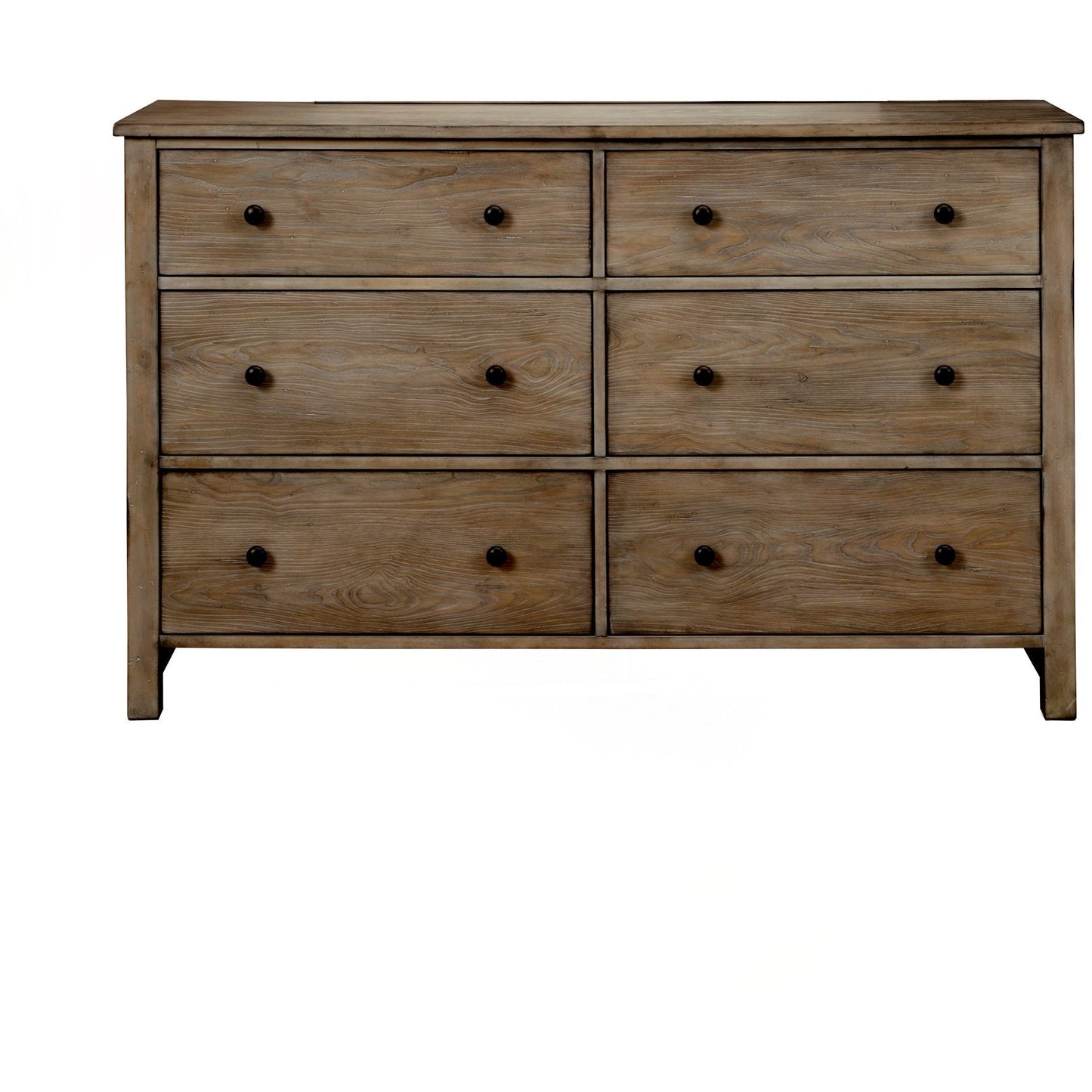 Classic Dresser with six drawers in Natural Gray finish and brass knobs, reflecting 18th century French design.