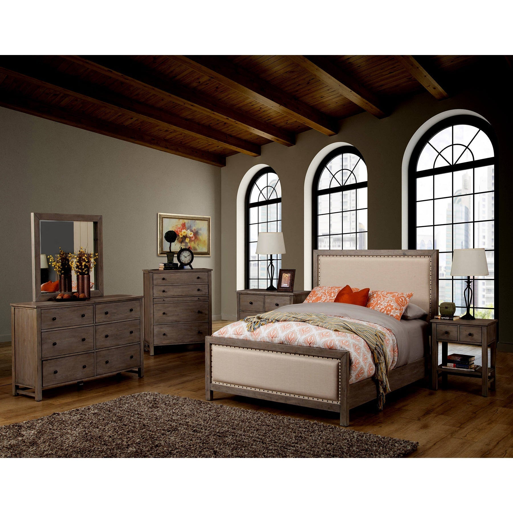 Classic Dresser in a beautifully styled bedroom with a bed, nightstands, and large windows.