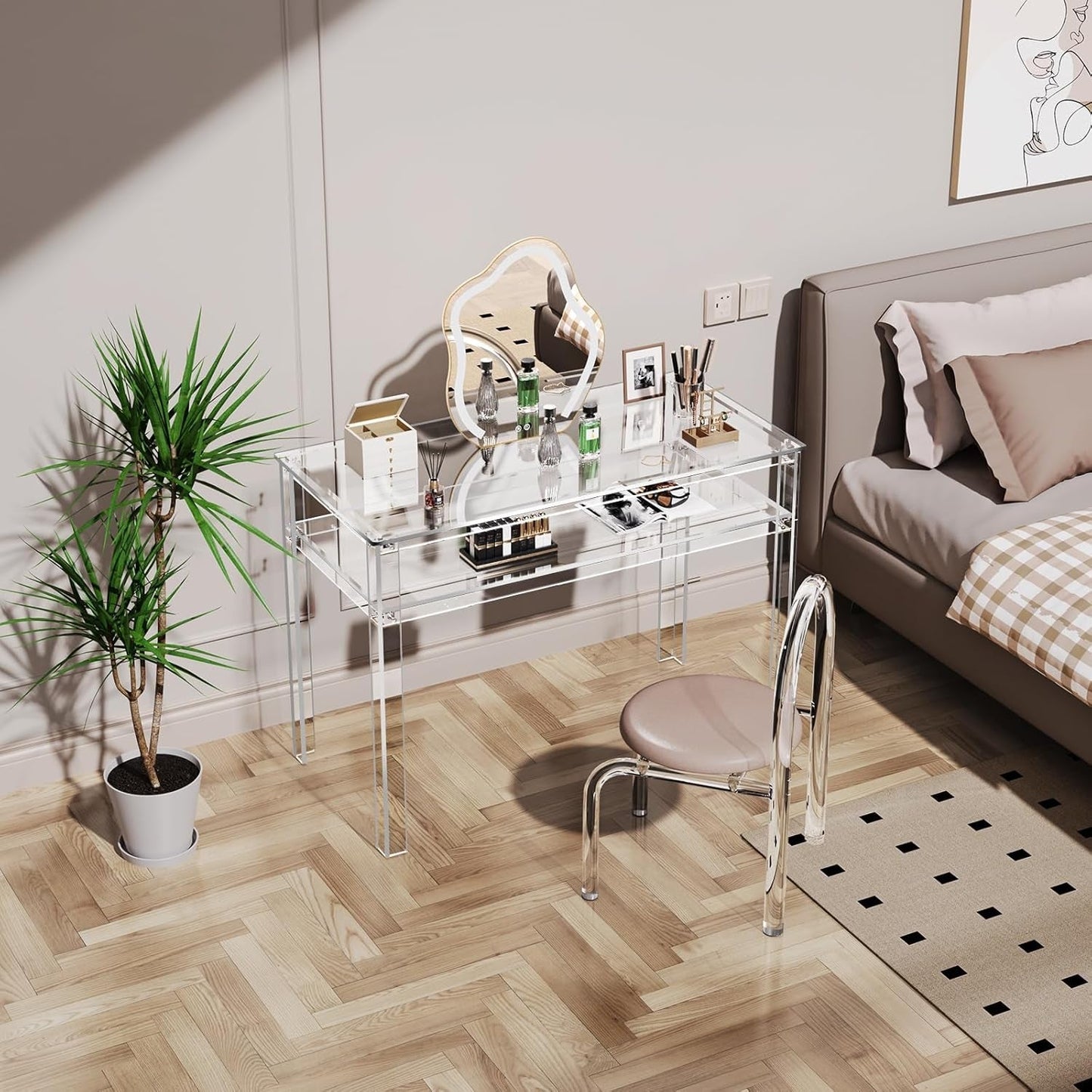 Clear Acrylic Desk with Open Storage for Home Office