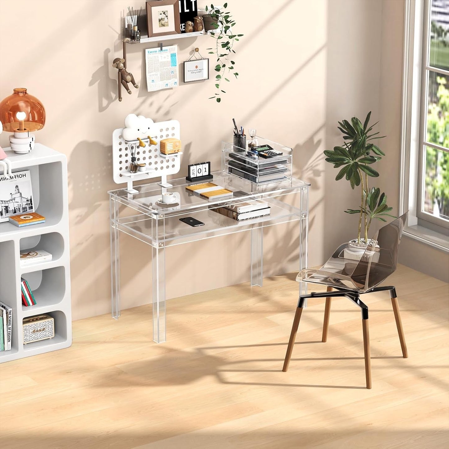 Clear Acrylic Desk with Open Storage for Home Office