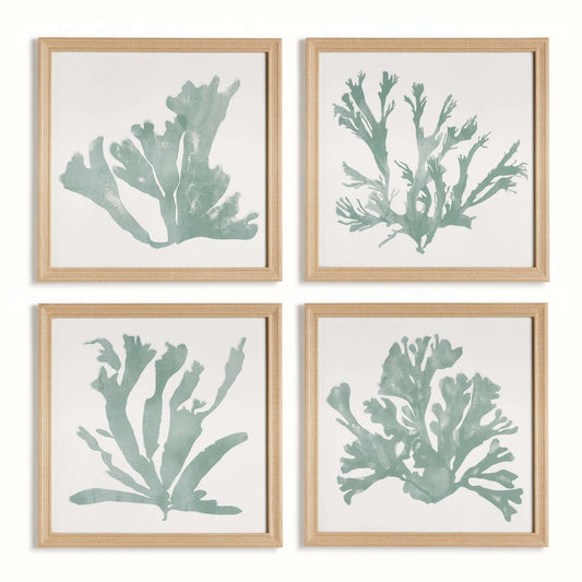 Coastal Framed Coral Silhouette Prints in Natural Wood Frames (Set of 4)