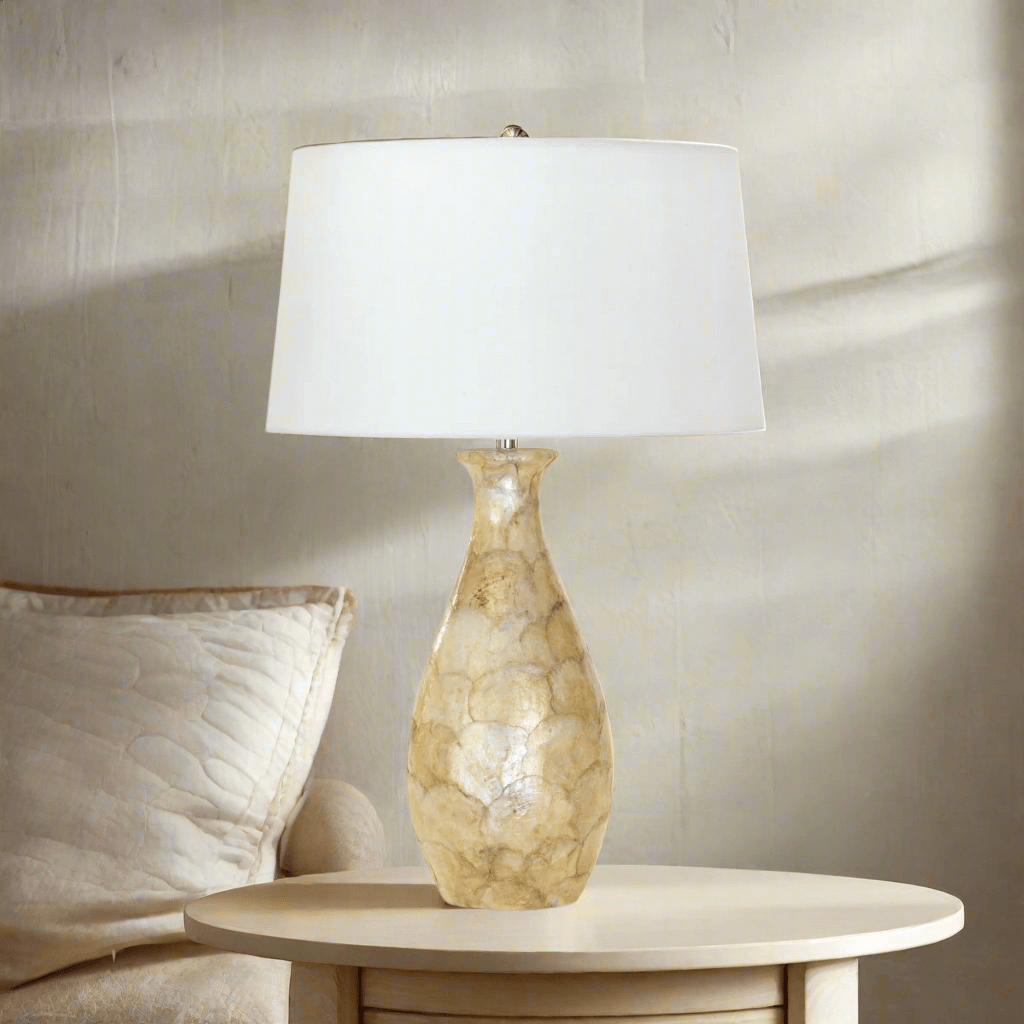 Coastal Pearl Capiz Shell Table Lamp with Linen Shade