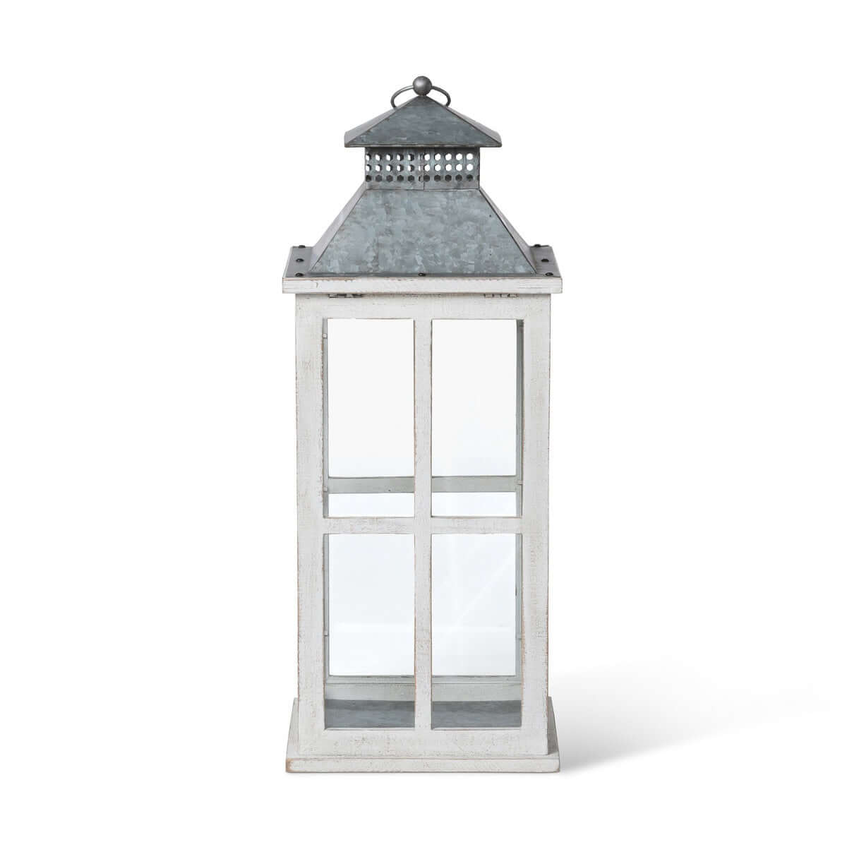 Coastal Whitewash Wood and Glass Lantern with Galvanized Metal Top