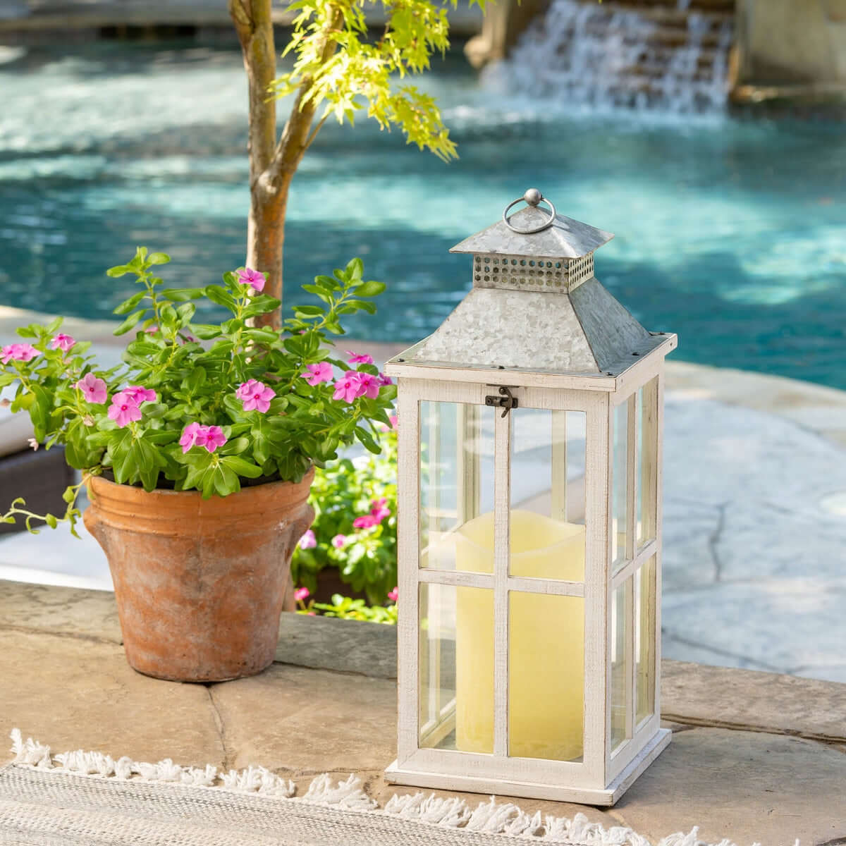 Coastal Whitewash Wood and Glass Lantern with Galvanized Metal Top