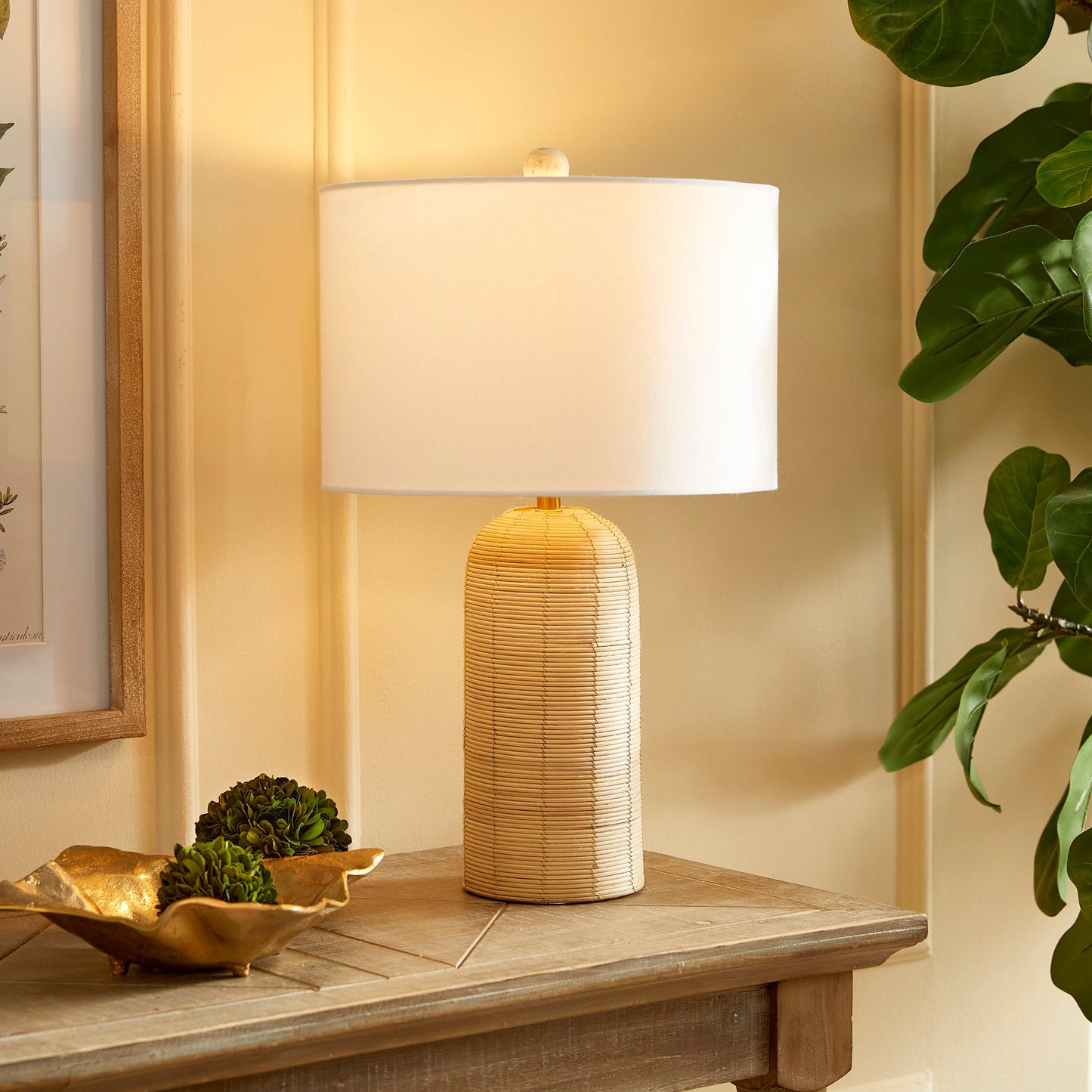 Coastal Woven Rattan Table Lamp with White Drum Shade