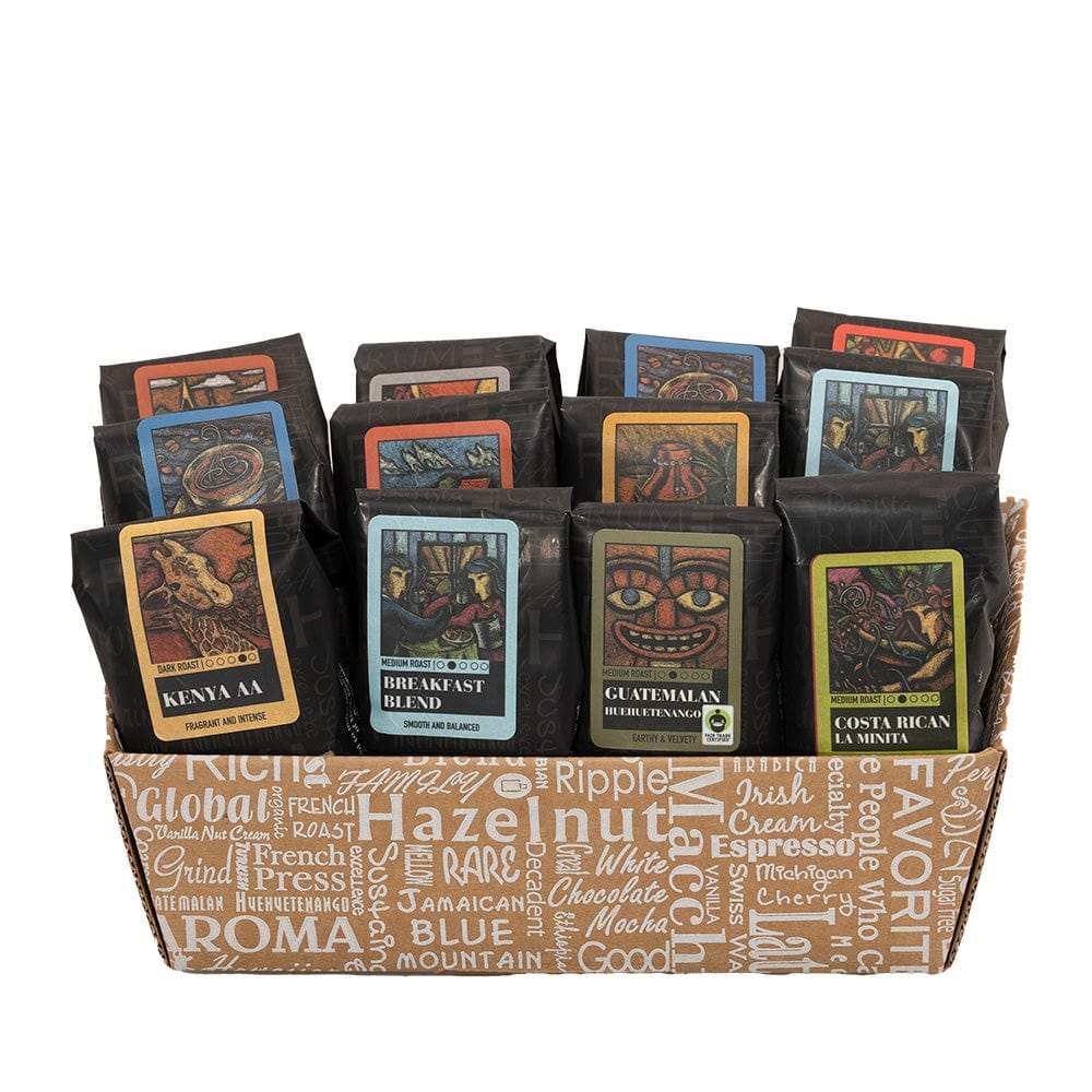 Classic Selection Coffee Gift Box featuring assorted gourmet coffee samplers in a decorative box.