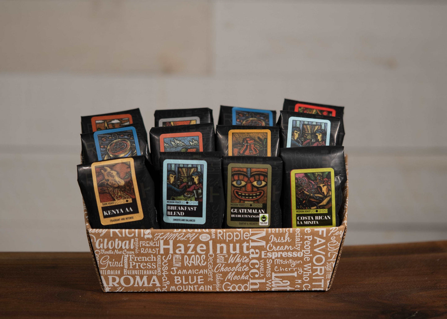 Classic Selection Coffee Gift Box featuring assorted gourmet coffee samplers in decorative packaging.