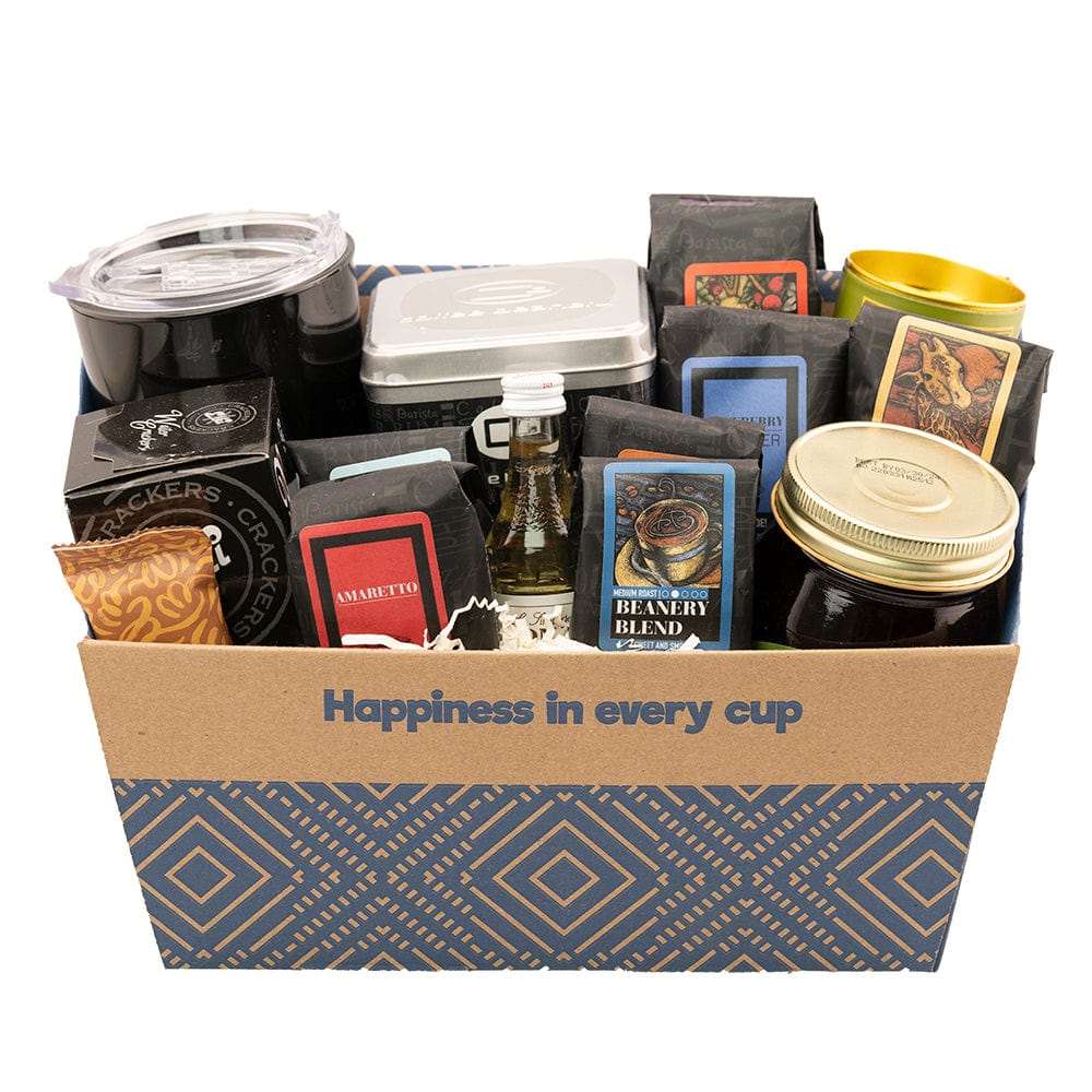 Gourmet Favorites Gift Basket filled with coffee, snacks, and gourmet treats, perfect for coffee lovers.