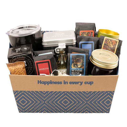 Gourmet Favorites Gift Basket filled with coffee, snacks, and gourmet treats, perfect for coffee lovers.
