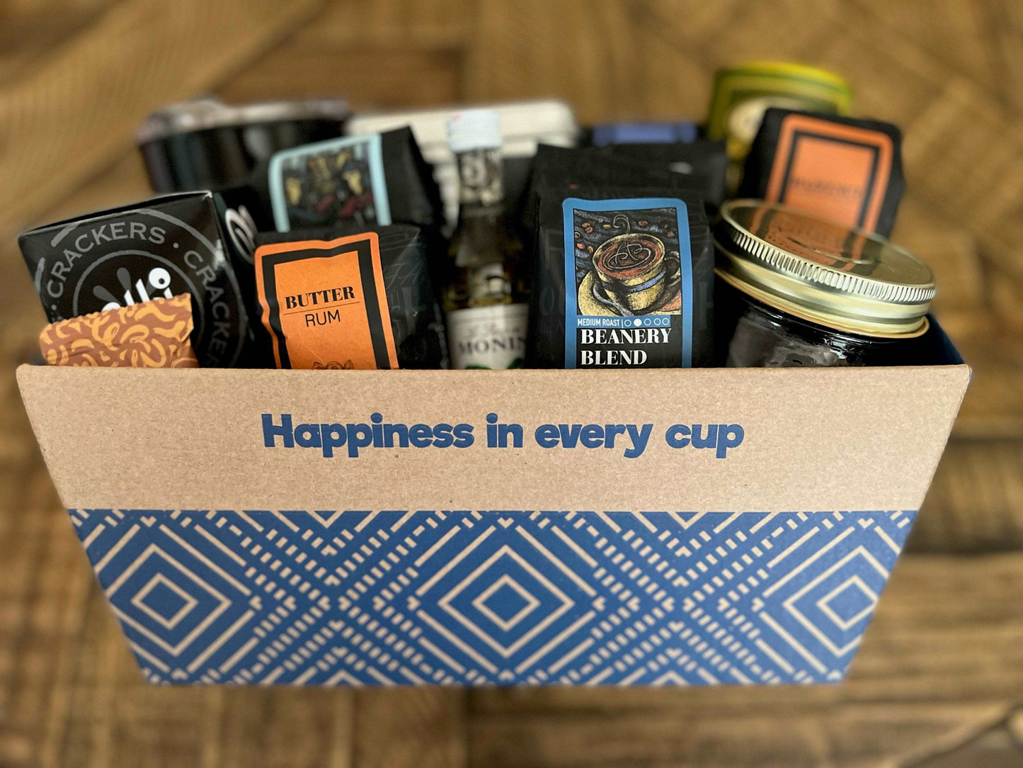 Gourmet Favorites Gift Basket filled with premium coffee and gourmet snacks, showcasing Happiness in every cup.