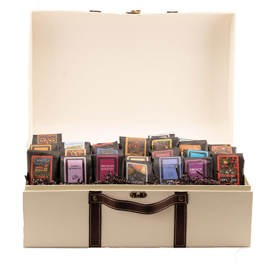 The Grand Sampler Coffee Gift Basket featuring assorted gourmet coffee selections in a stylish presentation box.